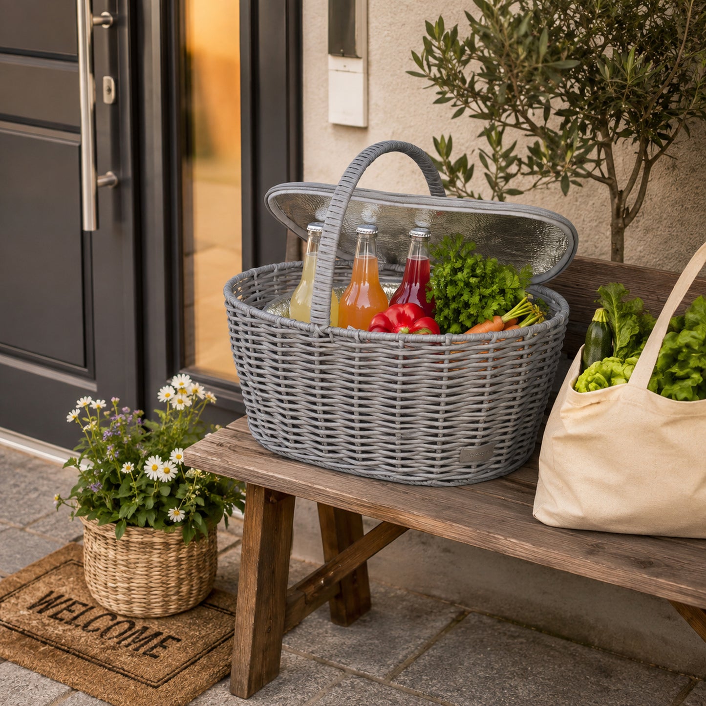Einkaufskorb inklusive Kühltasche  in Rattan-Optik