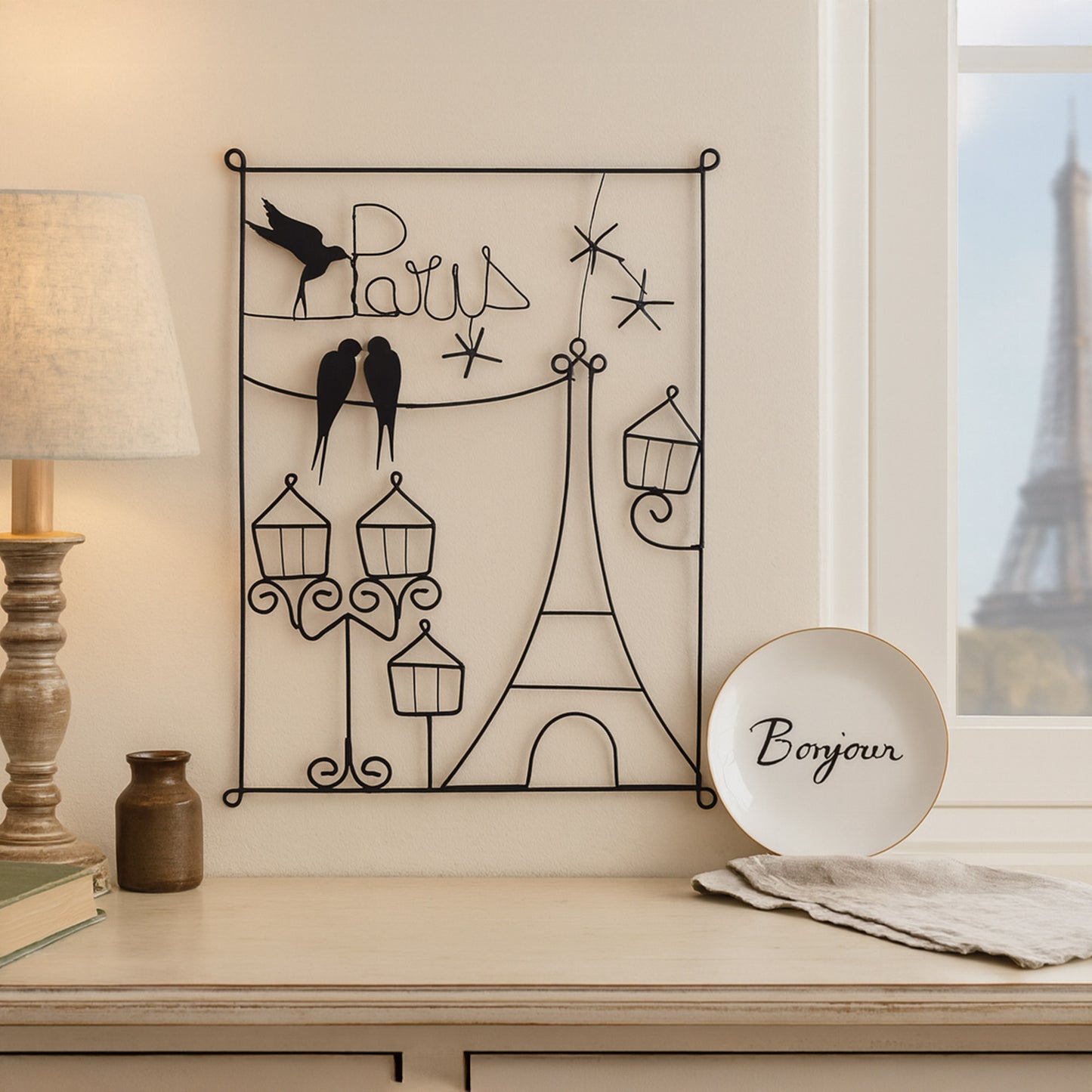 Metallkunst Eifelturm mit Paris Schriftzug und Vögeln in schwarz