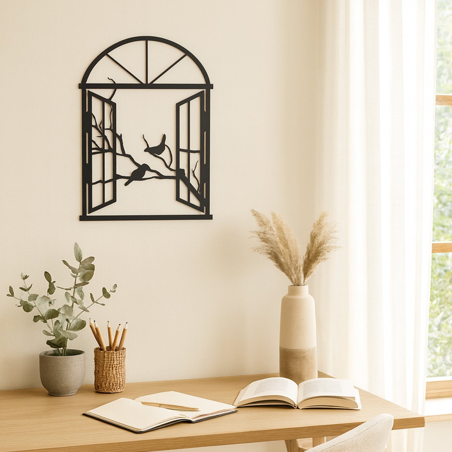 Wandbild Metall Fenster geöffnet mit Landschaft selbstklebend schwarz