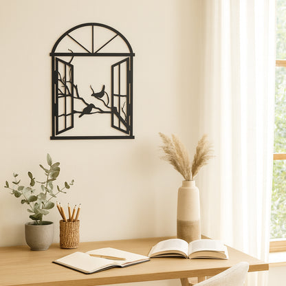 Wandbild Metall Fenster geöffnet mit Landschaft selbstklebend schwarz