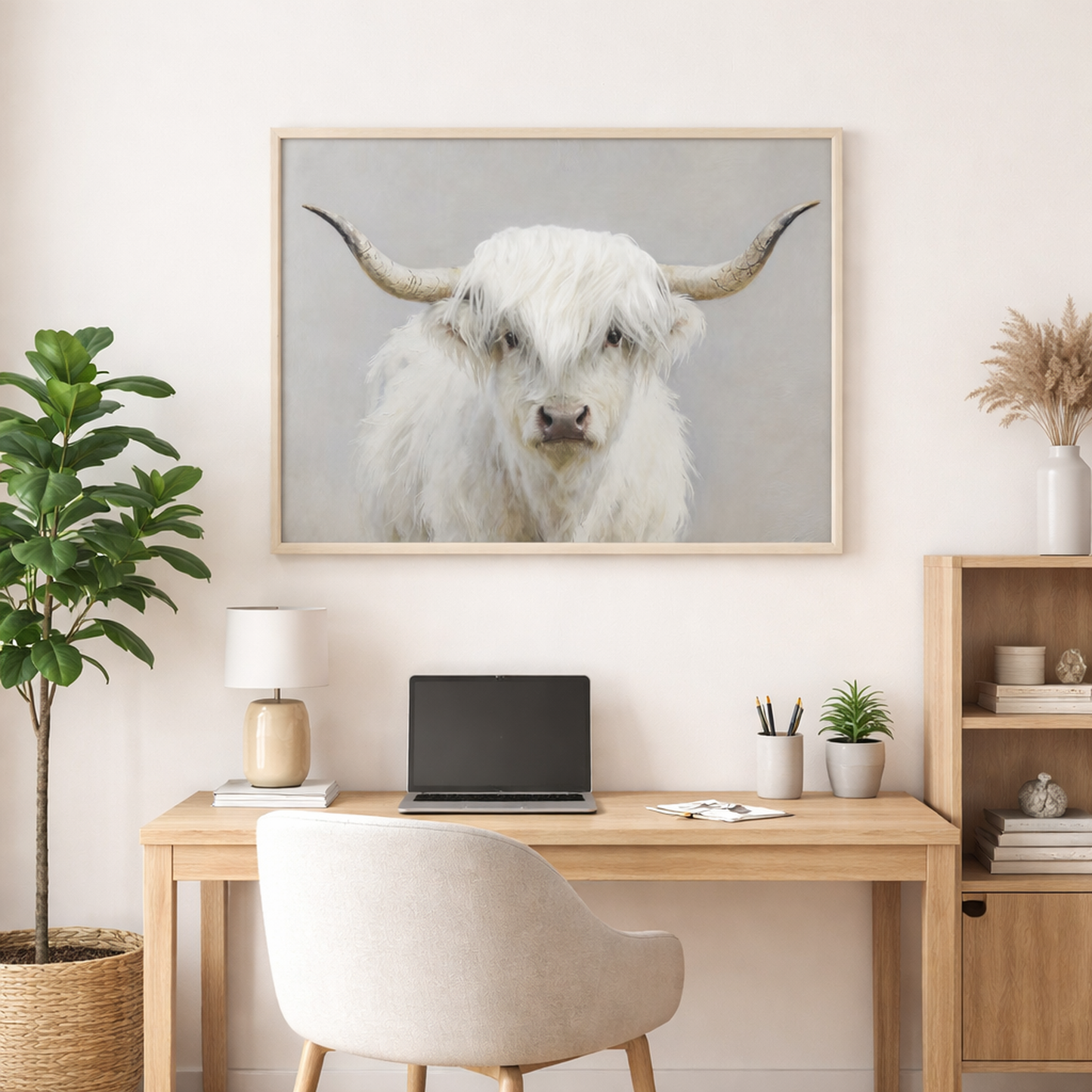 Wall Art 3D Hairfusion Kuh weiß mit Hörnern 60x80