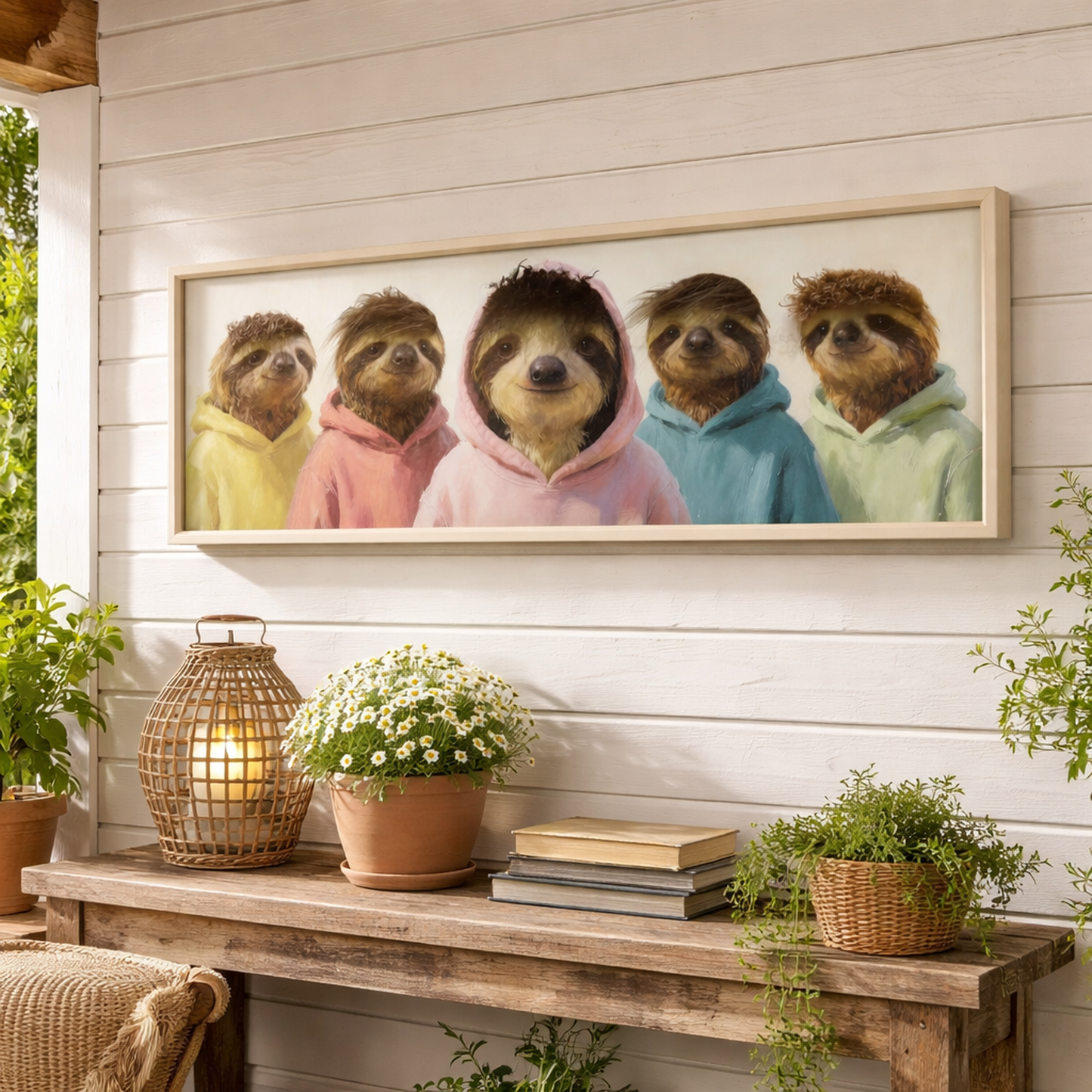 Wall Art 3D Hairfusion Faultiere mit bunten Hoodies 120x40