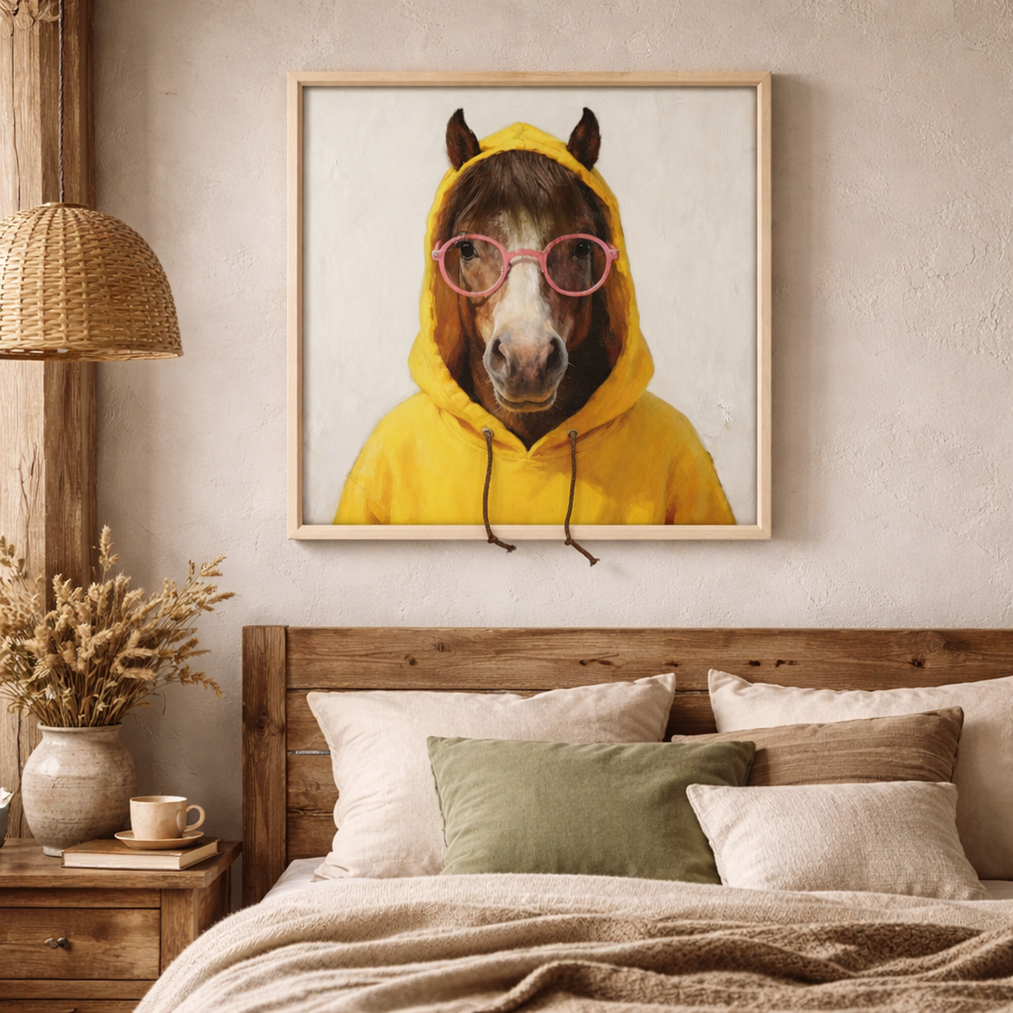 Wall Art 3D Hairfusion Pferd mit gelben Hoodie und Brille in pink 60x60