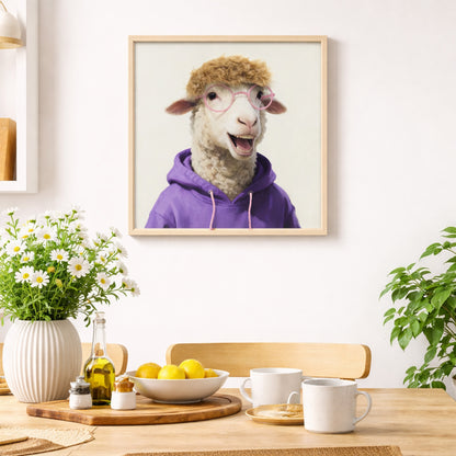 Wall Art 3D Hairfusion Schaf mit lila Hoodie und Brille in pink 60x60