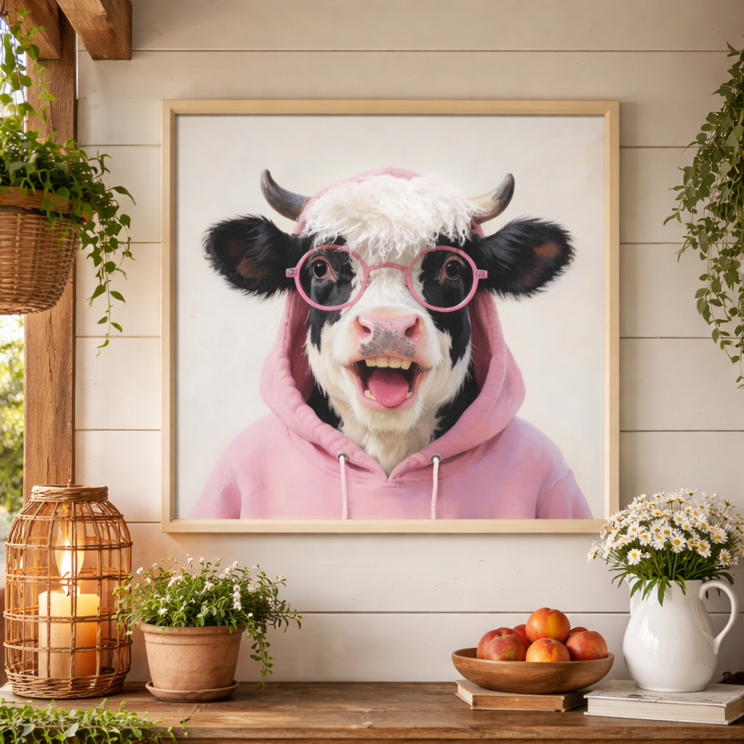 Wall Art 3D Hairfusion Kuh mit Hoodie und Brille in pink 60x60