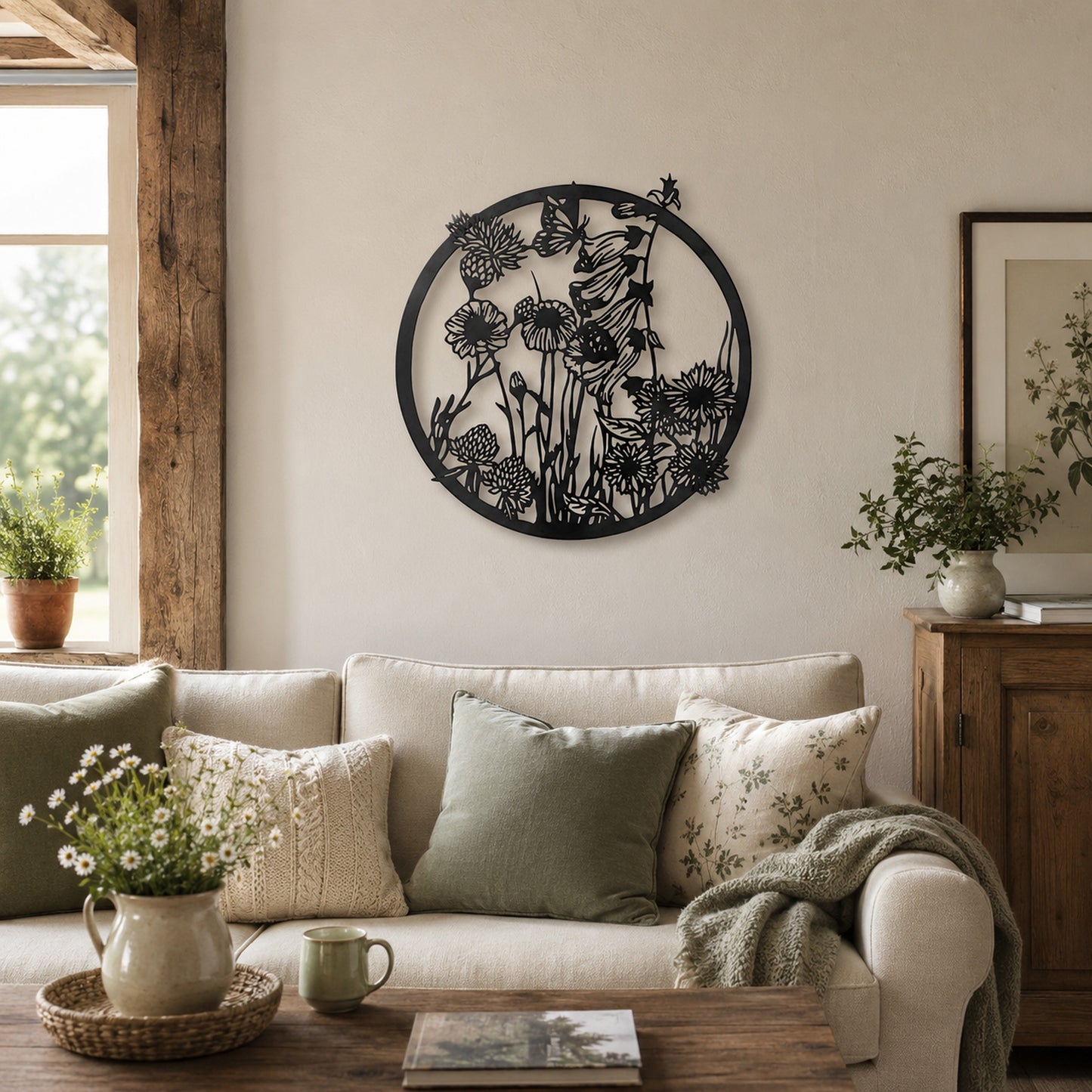 Aufhänger Blumen und Schmetterling aus Metall schwarz rund 48x46,5 cm