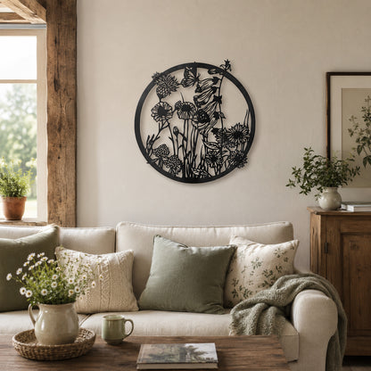 Aufhänger Blumen und Schmetterling aus Metall schwarz rund 48x46,5 cm
