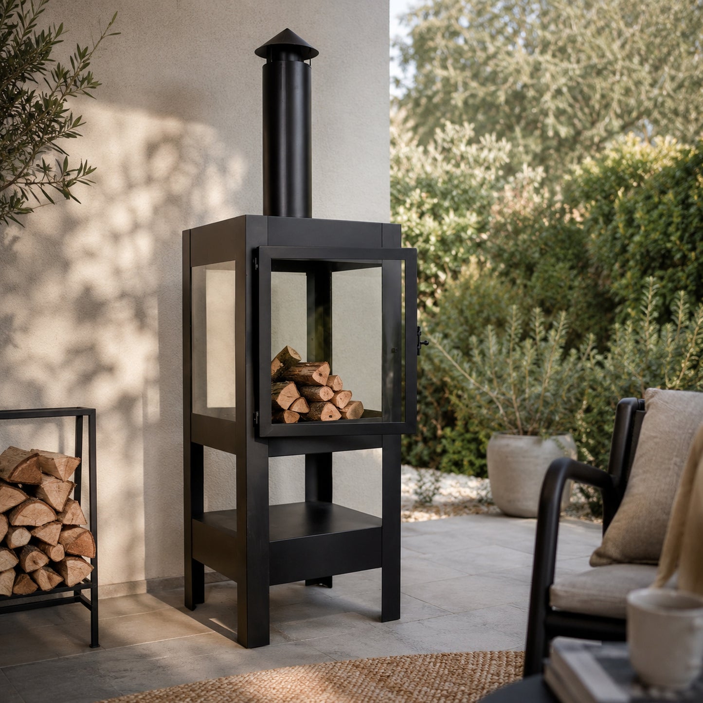 Gartenkamin Bronko aus Metall schwarz mit Glastür 139x40x42 cm