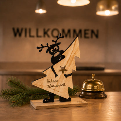 Aufsteller Rudi aus Holz Rentier mit Weihnachtsbaum