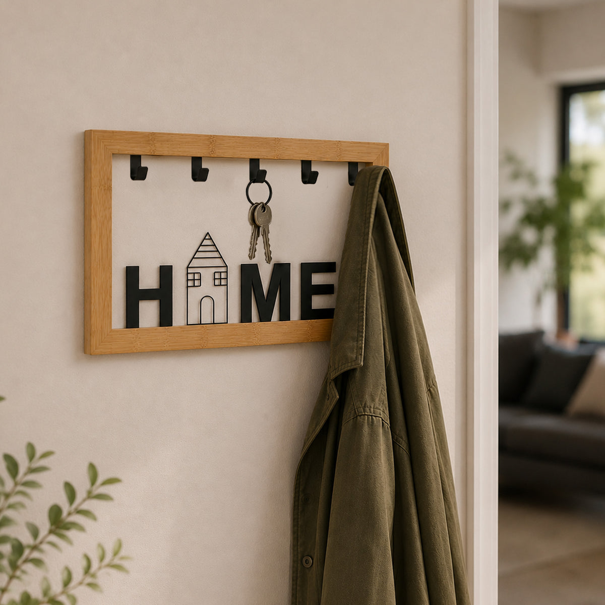 Schlüsselbrett Kira aus Bambus mit Text "Home" 5 Haken