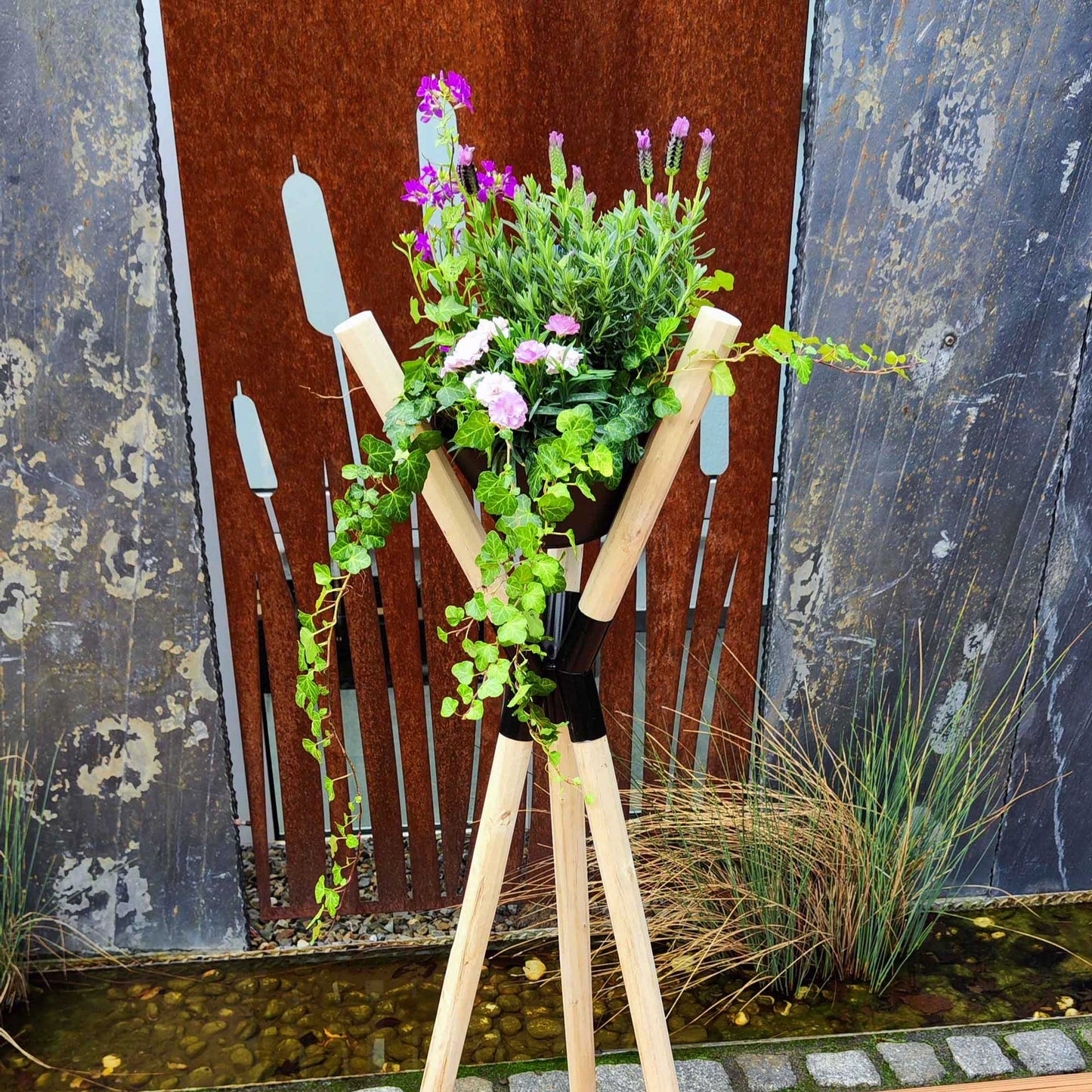 Gartenfackel Blumenampel Dreibein Holz