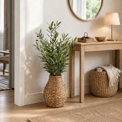 Kunstblume mit Vase Olivenzweige inkl. Seegrasvase
