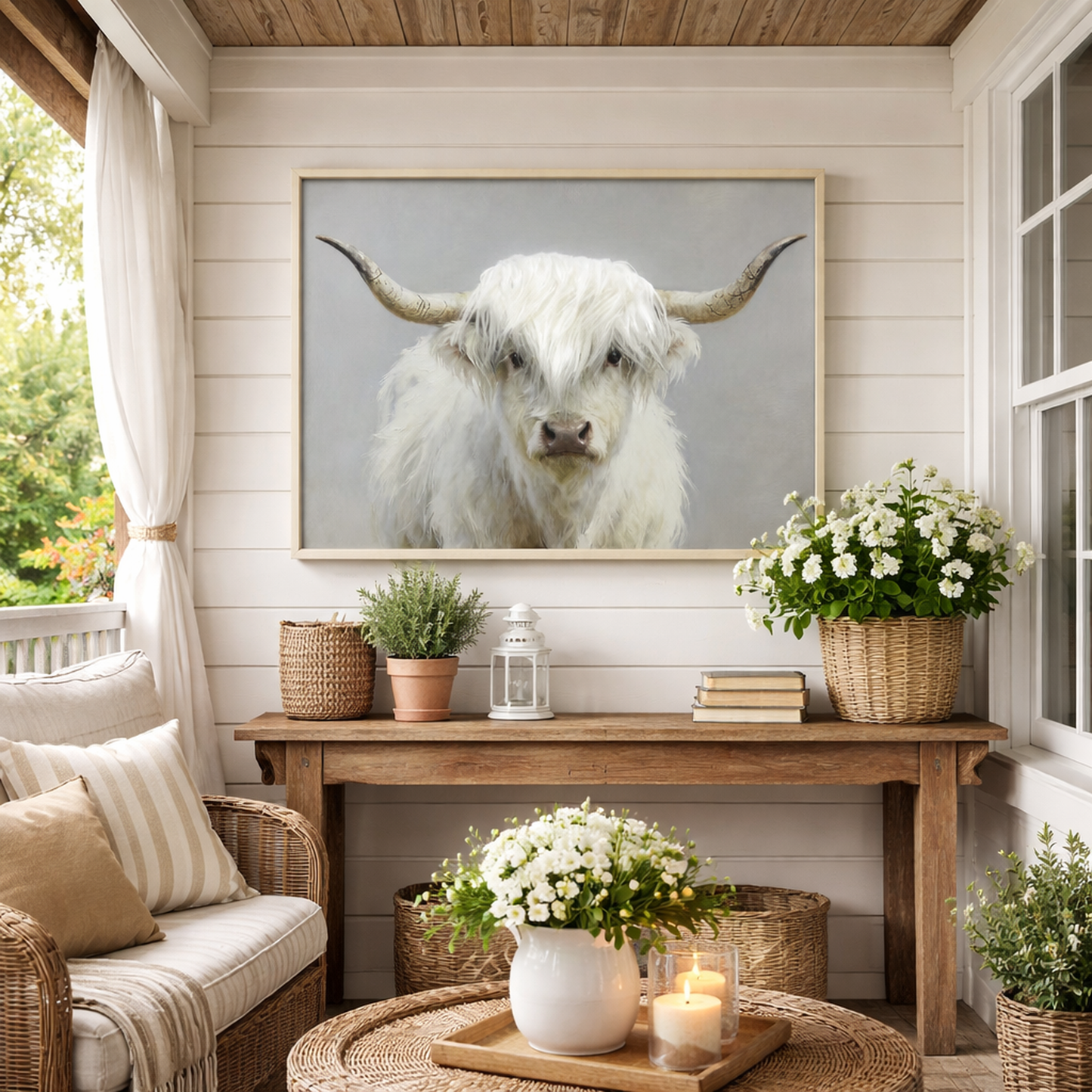 Wall Art 3D Hairfusion Kuh weiß mit Hörnern 60x80