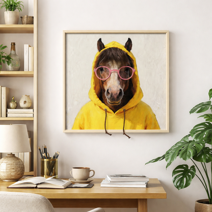 Wall Art 3D Hairfusion Pferd mit gelben Hoodie und Brille in pink 60x60