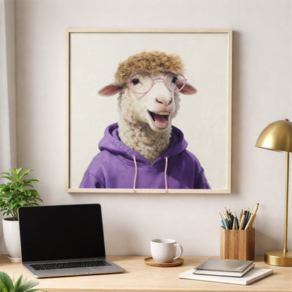 Wall Art 3D Hairfusion Schaf mit lila Hoodie und Brille in pink 60x60
