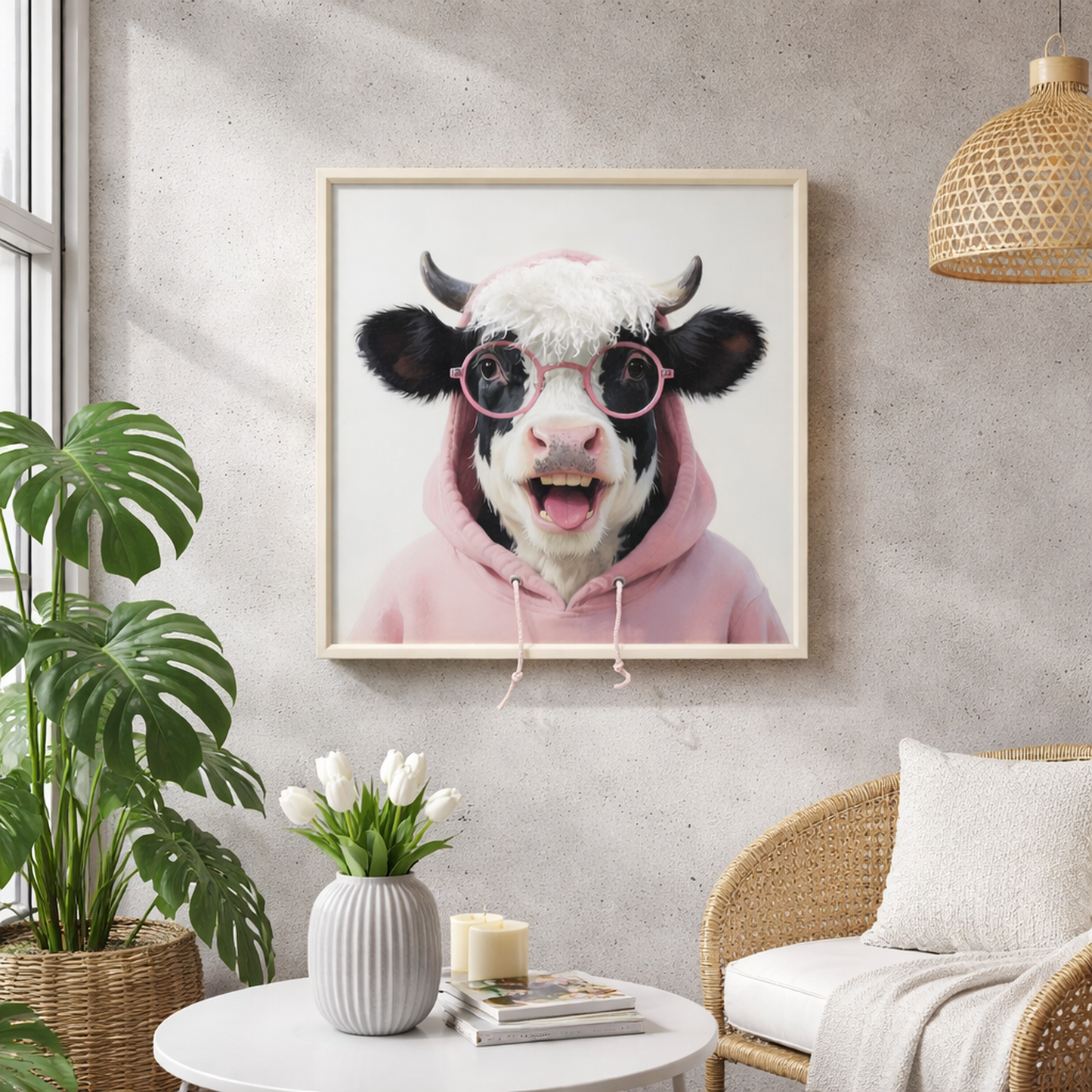 Wall Art 3D Hairfusion Kuh mit Hoodie und Brille in pink 60x60