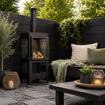Gartenkamin Bronko aus Metall schwarz mit Glastür 139x40x42 cm