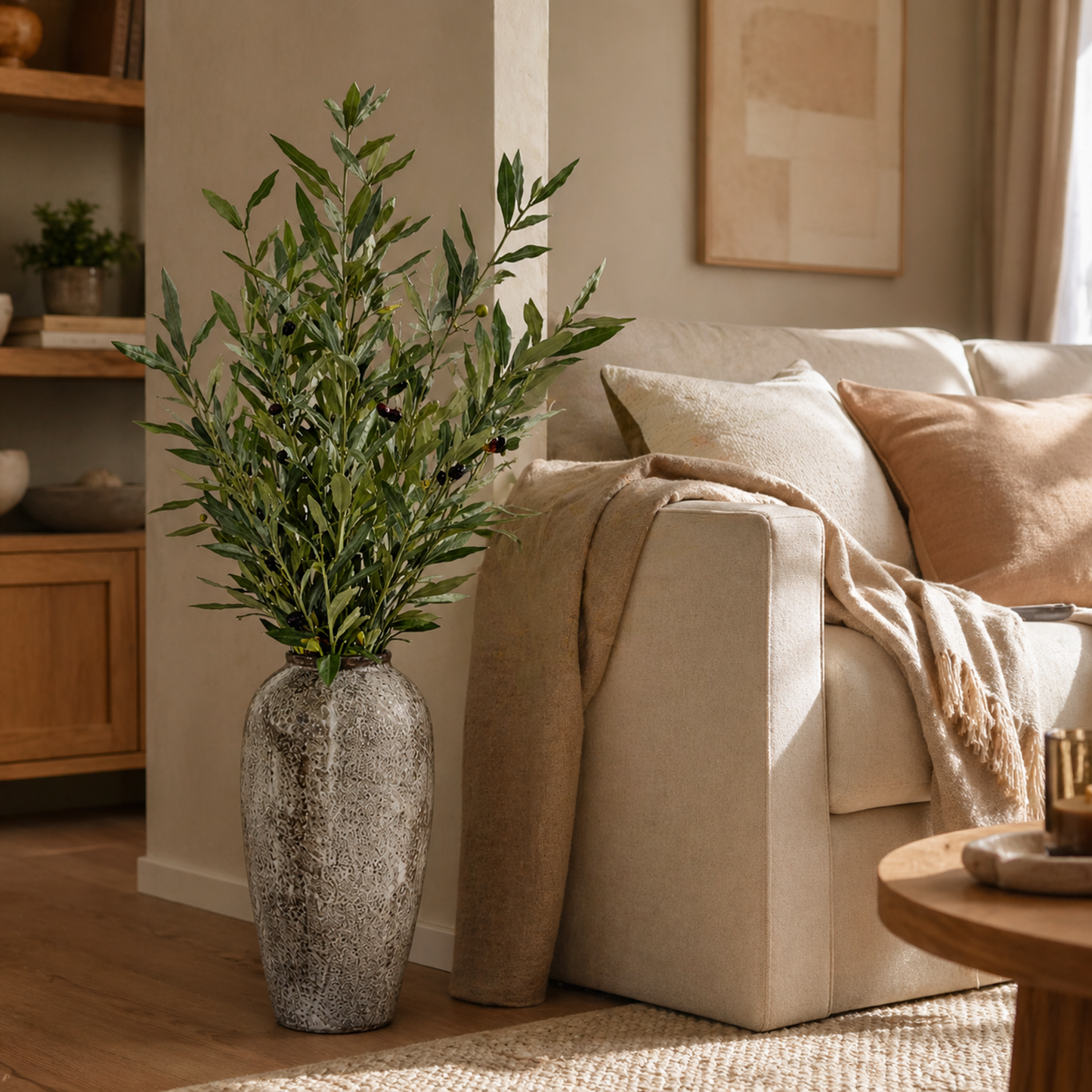 Kunstpflanze Olivenzweige im Keramiktopf künstliche Pflanze mit Vase