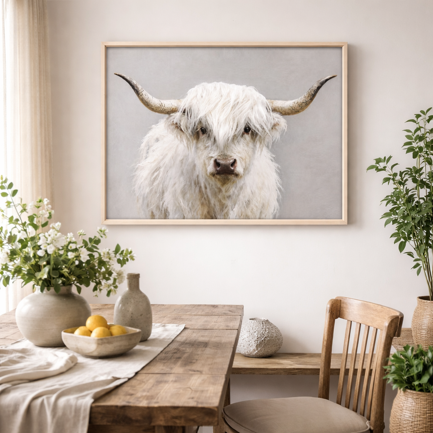 Wall Art 3D Hairfusion Kuh weiß mit Hörnern 60x80