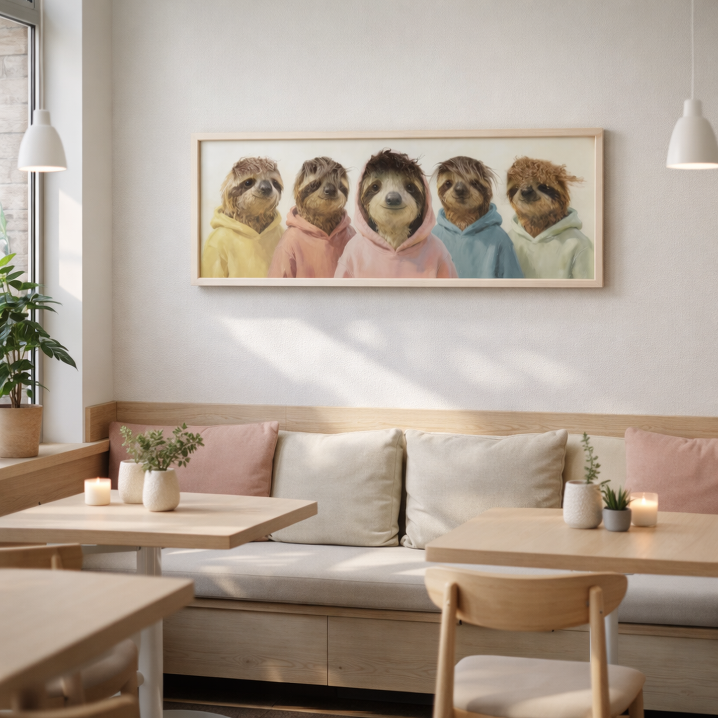 Wall Art 3D Hairfusion Faultiere mit bunten Hoodies 120x40