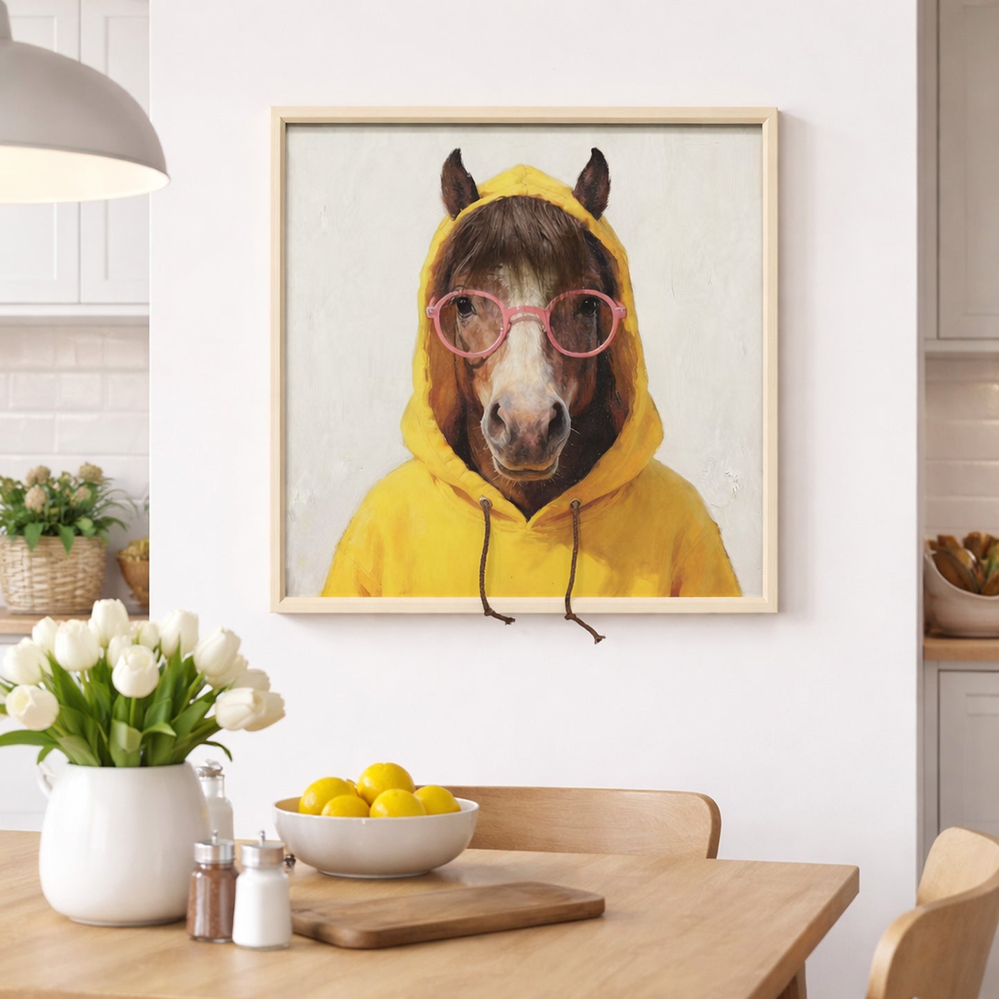 Wall Art 3D Hairfusion Pferd mit gelben Hoodie und Brille in pink 60x60