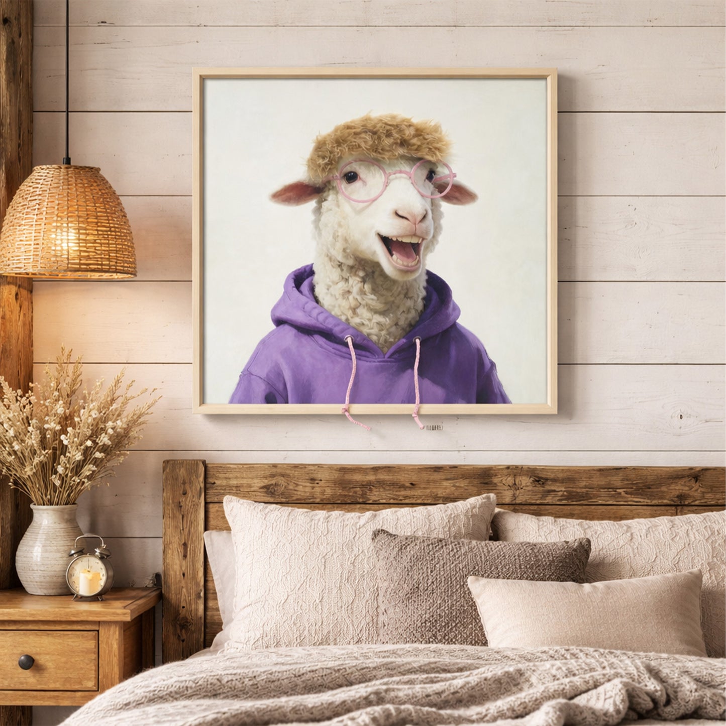 Wall Art 3D Hairfusion Schaf mit lila Hoodie und Brille in pink 60x60