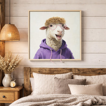 Wall Art 3D Hairfusion Schaf mit lila Hoodie und Brille in pink 60x60