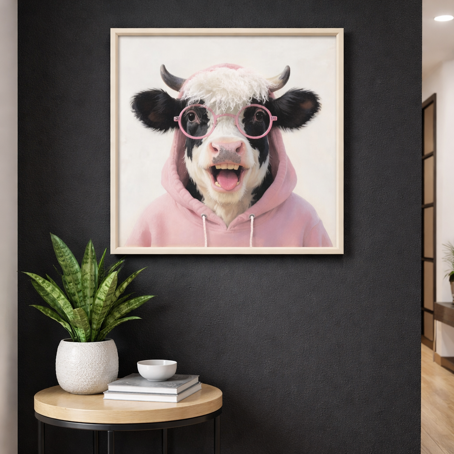 Wall Art 3D Hairfusion Kuh mit Hoodie und Brille in pink 60x60