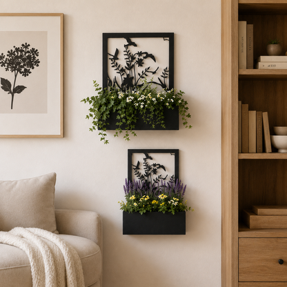 Blumenkasten mit Rankhilfe 2er Set Metall schwarz mit Blumen und Vögeln