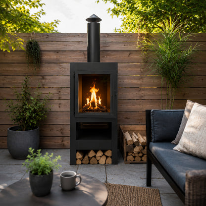 Gartenkamin Bronko aus Metall schwarz mit Glastür 139x40x42 cm