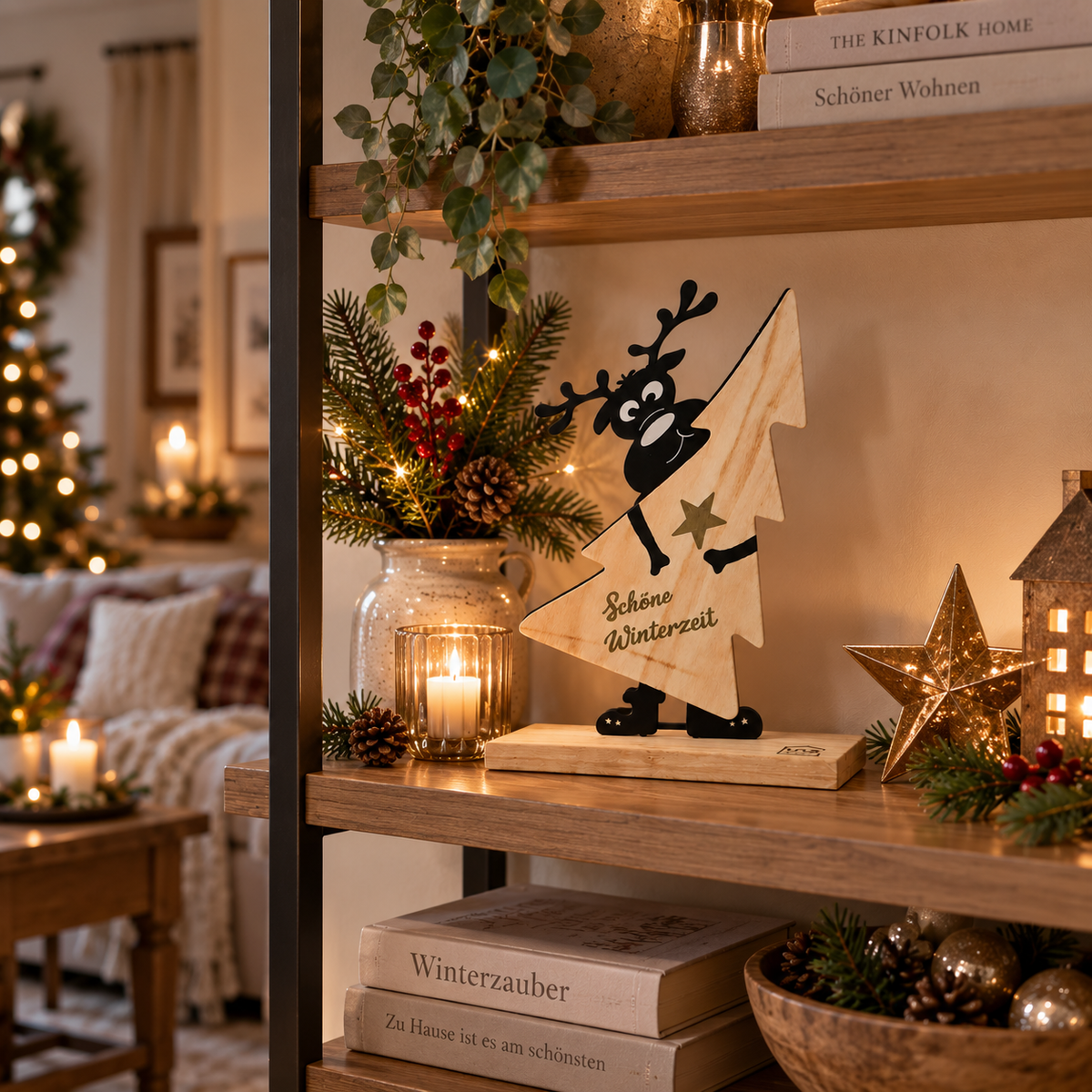 Aufsteller Rudi aus Holz Rentier mit Weihnachtsbaum