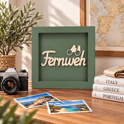 Wandbild aus Holz mit 3D Spruch „Fernweh“ 25x25cm