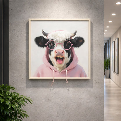Wall Art 3D Hairfusion Kuh mit Hoodie und Brille in pink 60x60