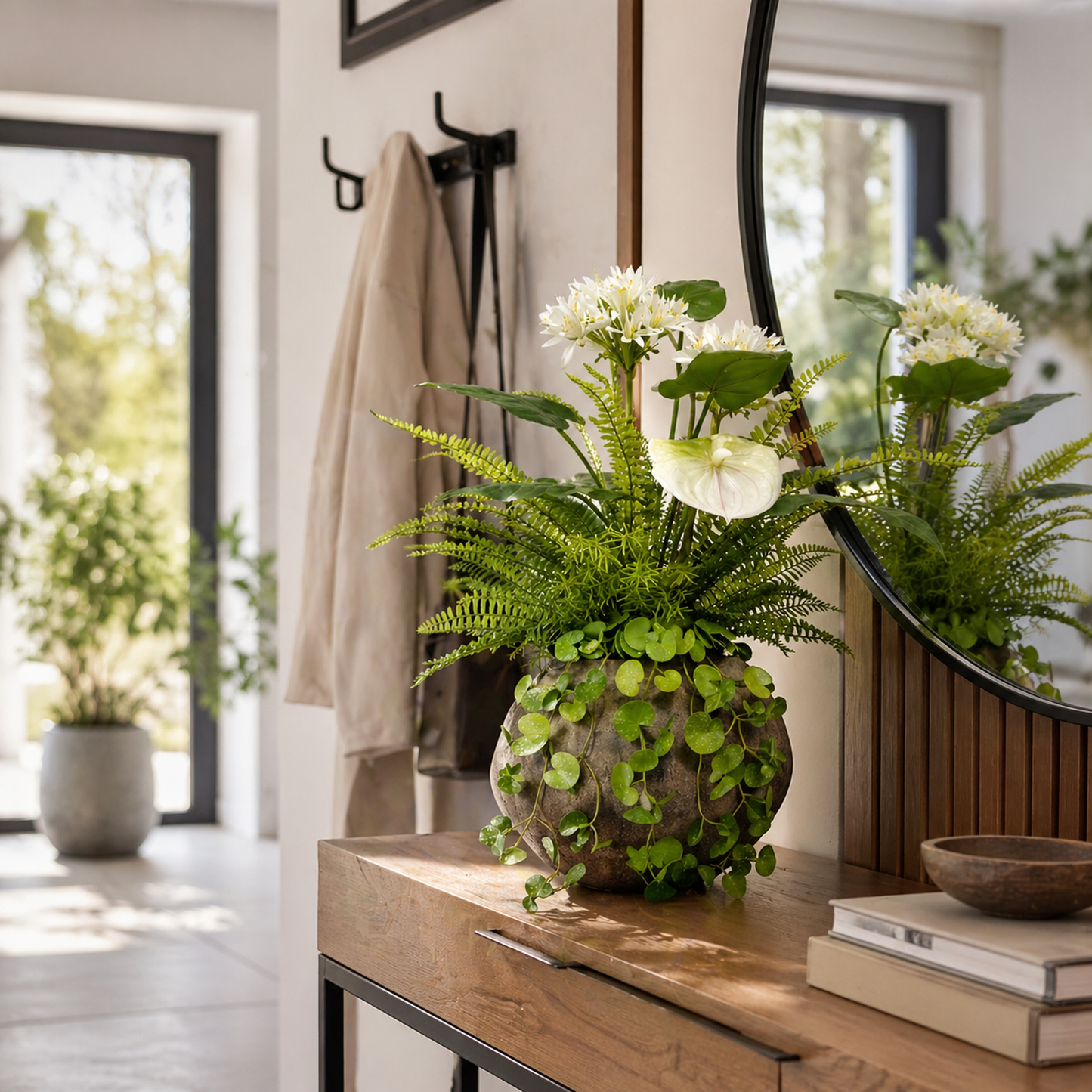 Kunstpflanze Weiß Grün mit Vase Efeu Farn künstliches Blumengesteck 67 cm