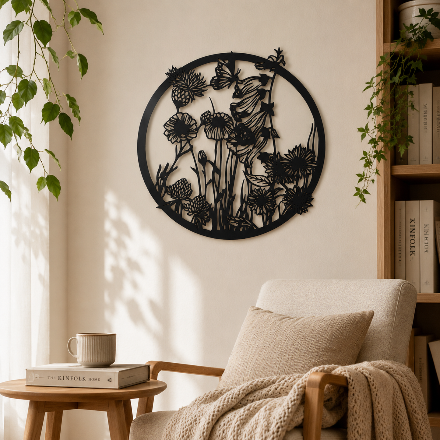 Aufhänger Blumen und Schmetterling aus Metall schwarz rund 48x46,5 cm