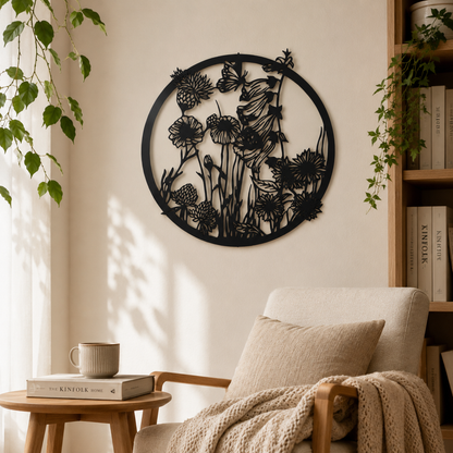 Aufhänger Blumen und Schmetterling aus Metall schwarz rund 48x46,5 cm