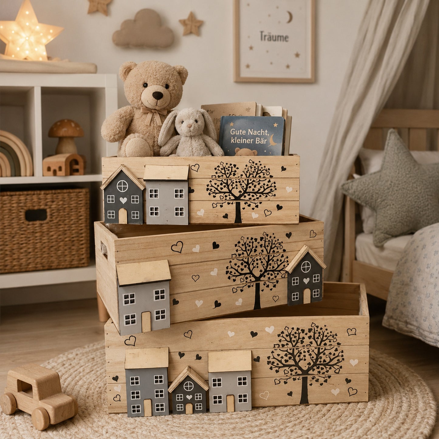 Holzkisten 3er Set White-Washed bepflanzbar