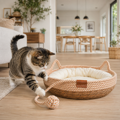 Katzenkorb Katzenbett Milo Naturfaser Baumwollseil mit Kissen