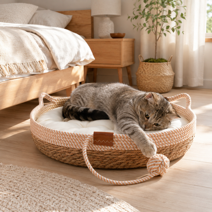 Katzenkorb Katzenbett Milo Naturfaser Baumwollseil mit Kissen