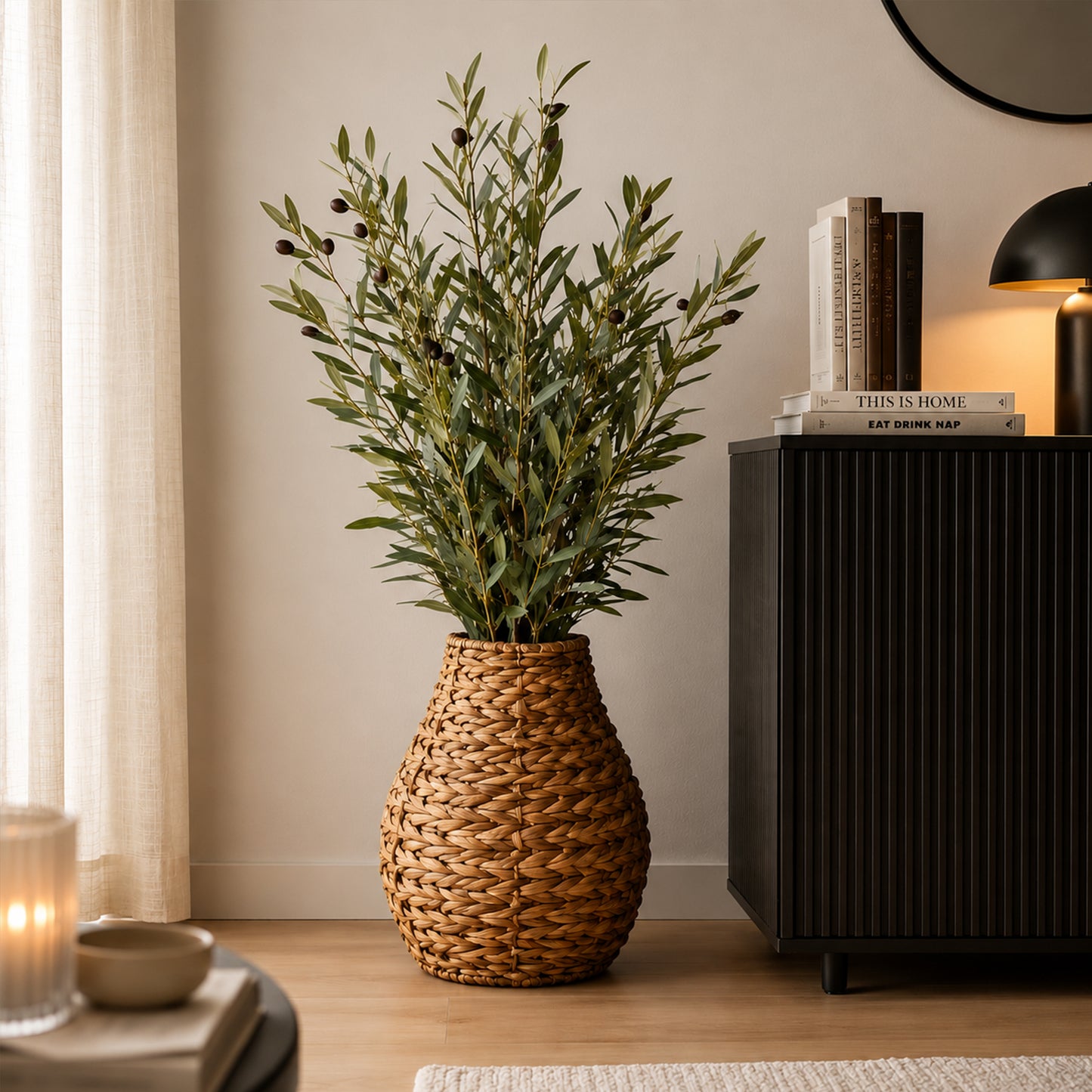 Kunstblume mit Vase Olivenzweige inkl. Seegrasvase