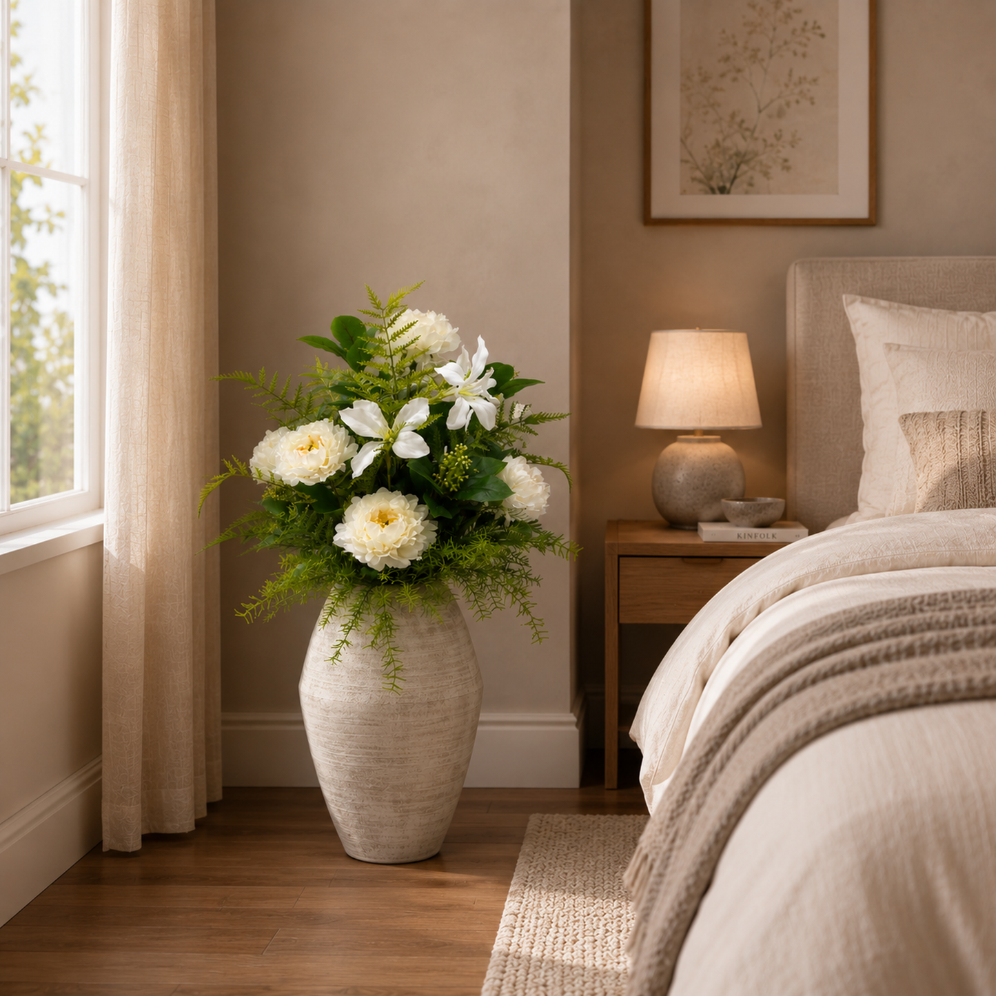 Kunstblume Kunstfplanze Pfingstrosen Lilien Farn mit Vase 84 cm