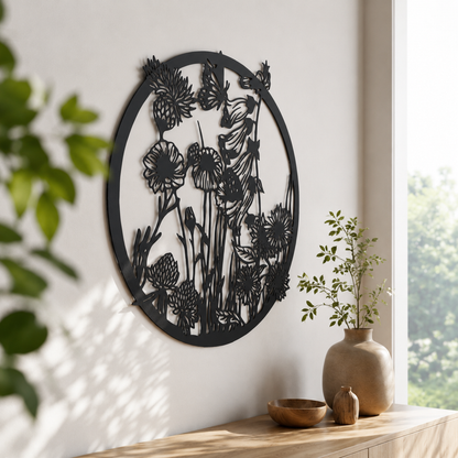 Aufhänger Blumen und Schmetterling aus Metall schwarz rund 48x46,5 cm