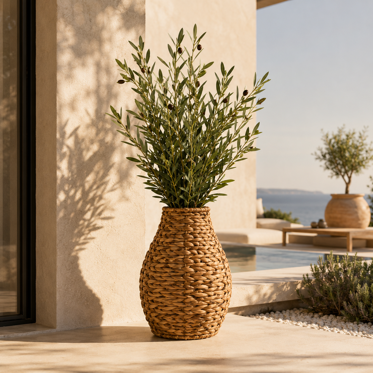 Kunstblume mit Vase Olivenzweige inkl. Seegrasvase