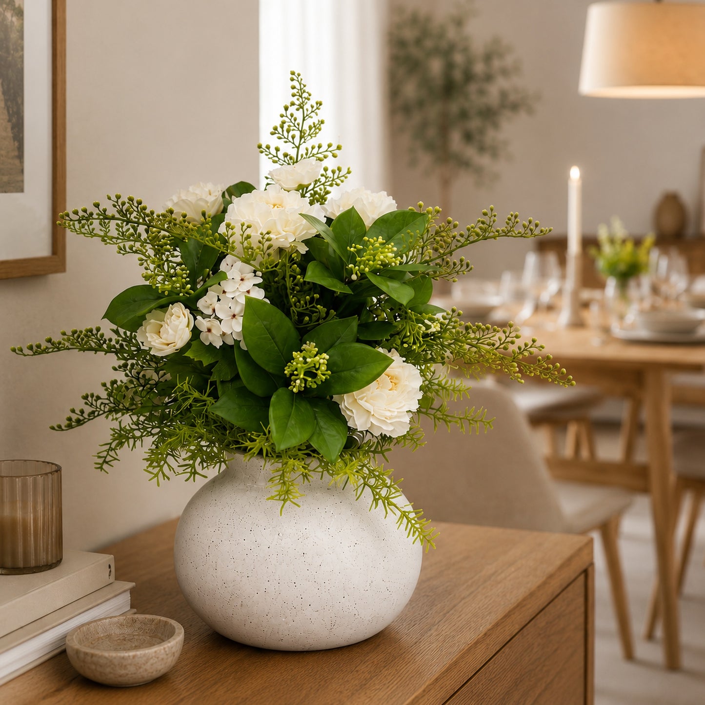 Kunstpflanze Weiß Grün mit Vase künstliches Blumengesteck 63 cm