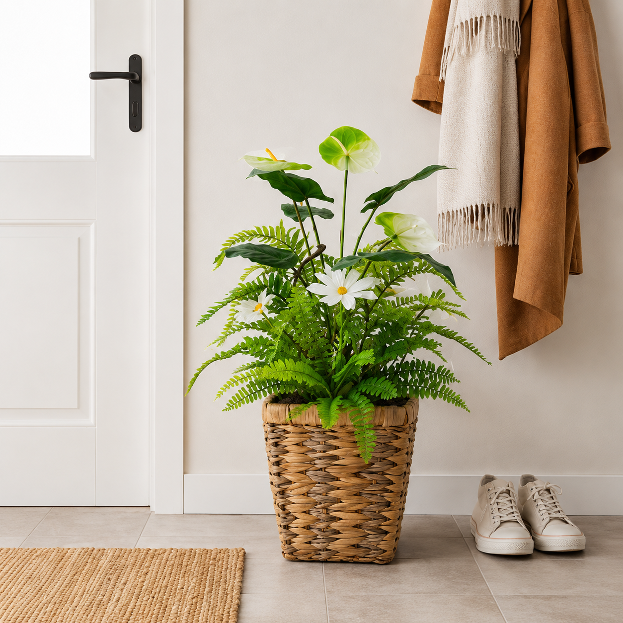 Kunstpflanze Kunstblume mit Anthurium Margeriten und Farn im Korb 63 cm