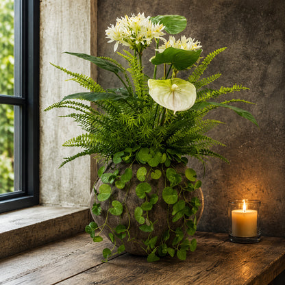 Kunstpflanze Weiß Grün mit Vase Efeu Farn künstliches Blumengesteck 67 cm