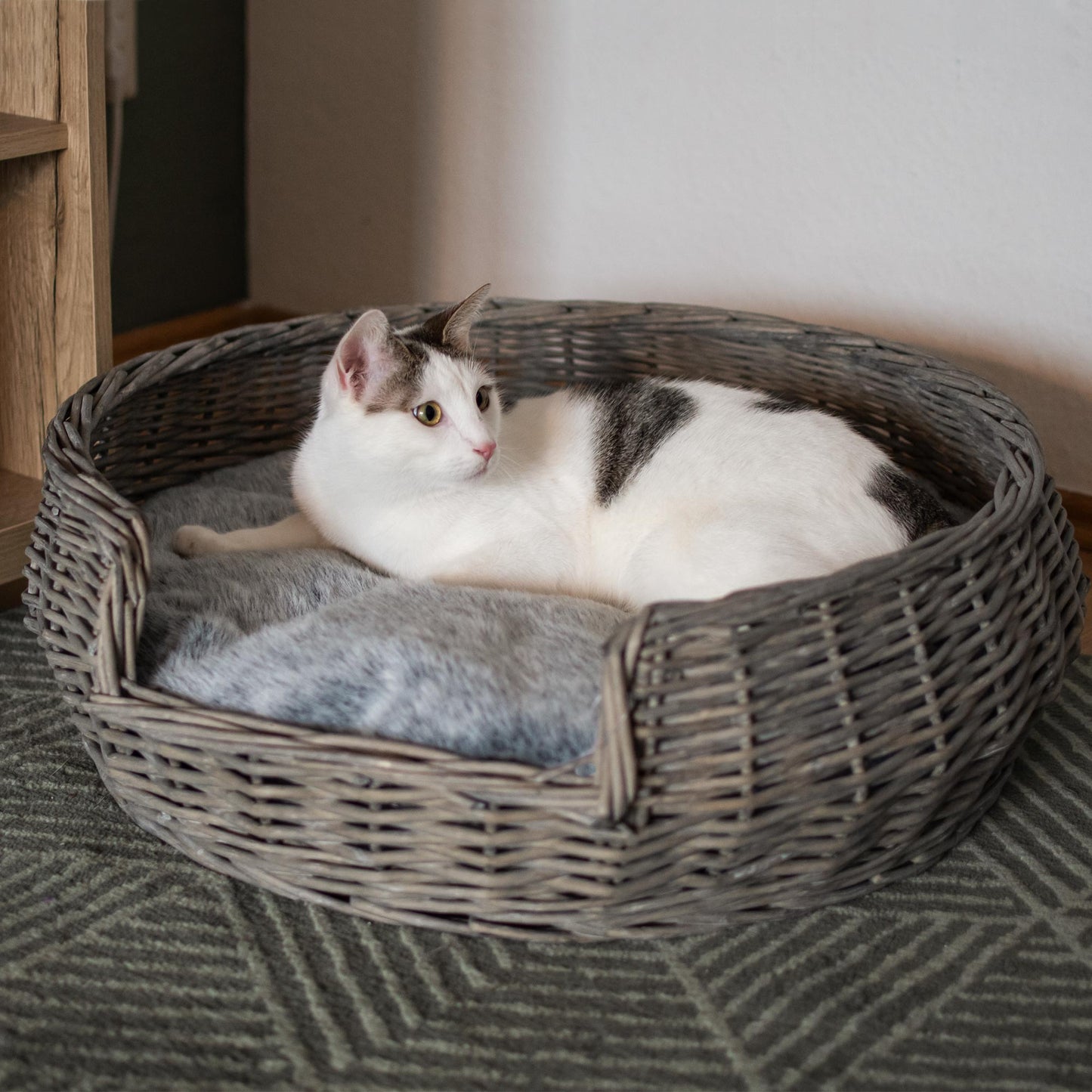 Haustierkorb rund grau/weiß washed mit Kissen groß Ø65