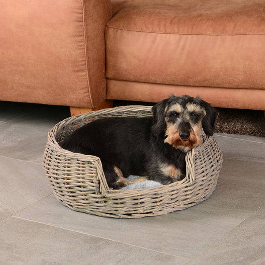Haustierkorb rund grau/weiß washed mit Kissen groß Ø55