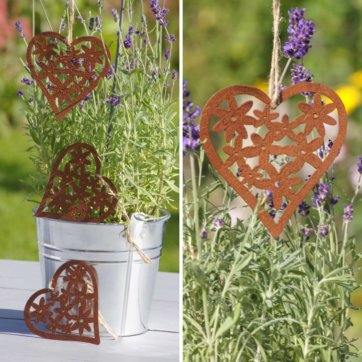 Hänger Rost Herz mit Blumen im 3er Set