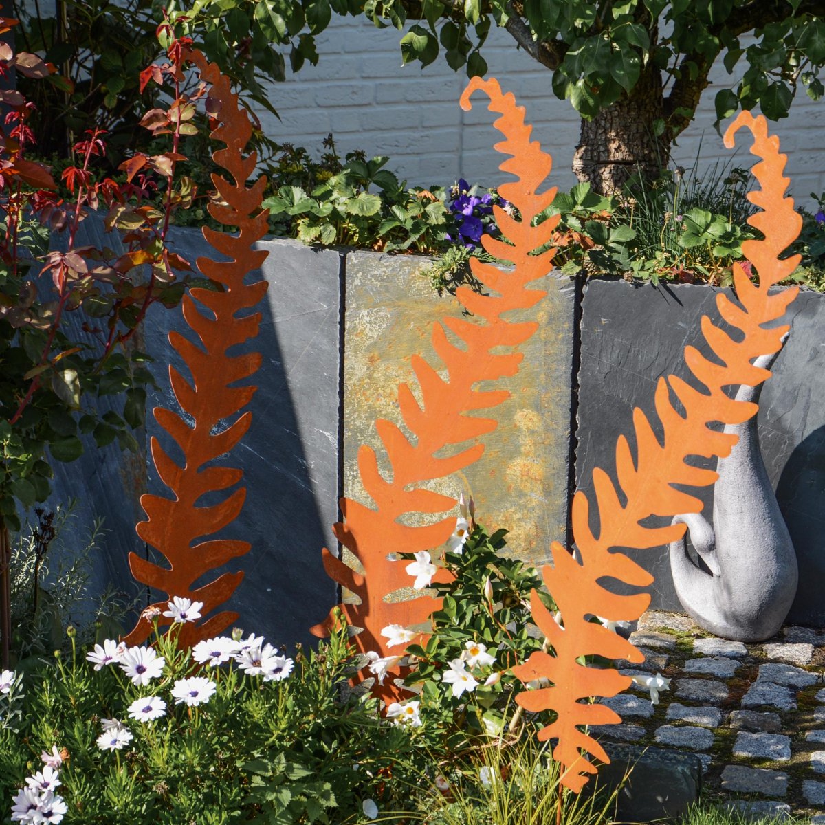 UNUS GARDEN 3er Set Gartendeko Gartenstecker aus Edelrost Metall Farn für Garten 